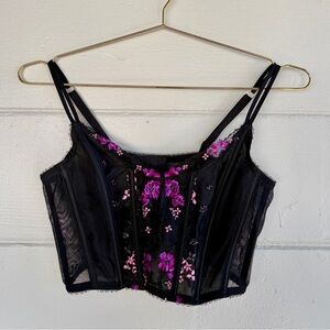 Vintage Victoria’s Secret Black Mesh Corset Top Purple Embroidery Y2K